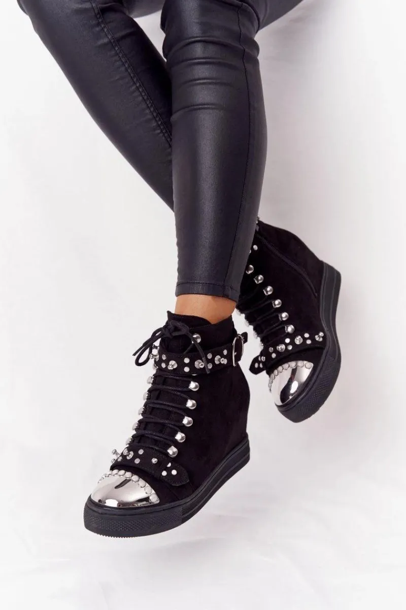 Clearance Ocieplane Botki Na Koturnie Zamszowe Czarne Lu Boo Damskie Botki Na Koturnie|Botki Sznurowane
