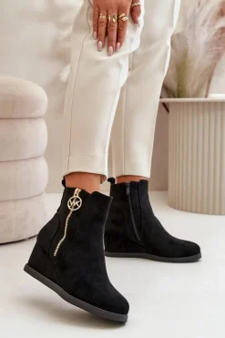 Online Boto Ocieplane Botki Na Koturnie Z Ozdobnym Zamkiem Eko Zamszowe Czarne Leretha