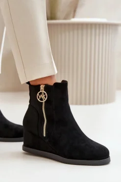 Online Boto Ocieplane Botki Na Koturnie Z Ozdobnym Zamkiem Eko Zamszowe Czarne Leretha