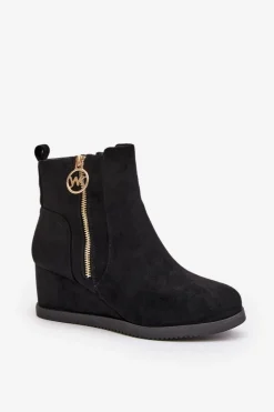 Online Boto Ocieplane Botki Na Koturnie Z Ozdobnym Zamkiem Eko Zamszowe Czarne Leretha