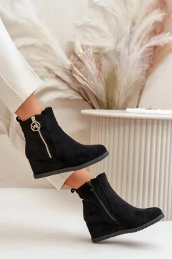 Online Boto Ocieplane Botki Na Koturnie Z Ozdobnym Zamkiem Eko Zamszowe Czarne Leretha