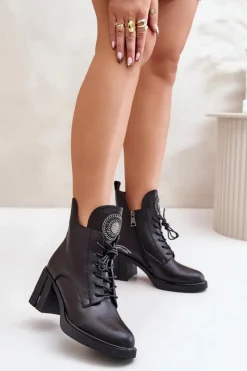 Hot Ocieplane Botki Na Masywnym Obcasie Skóra Naturalna Czarne Vinceza 66676 Damskie Botki Na Słupku|Botki Na Obcasie