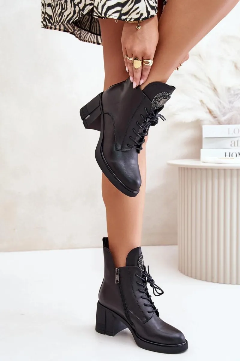 Hot Ocieplane Botki Na Masywnym Obcasie Skóra Naturalna Czarne Vinceza 66676 Damskie Botki Na Słupku|Botki Na Obcasie