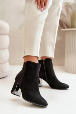 New Boto Ocieplane Botki Na Obcasie Słupku Z Lustrzanym Elementem Czarne Silvare Czarny