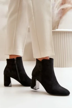 New Boto Ocieplane Botki Na Obcasie Słupku Z Lustrzanym Elementem Czarne Silvare Czarny