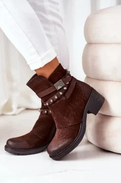 Discount Boto Ocieplane Botki Na Obcasie Brązowe Effie