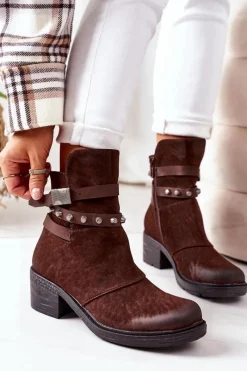 Discount Boto Ocieplane Botki Na Obcasie Brązowe Effie