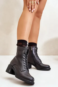 Outlet Ocieplane Botki Na Obcasie Ze Skóry Naturalnej Czarne Vinceza 66689 Damskie Botki Skórzane|Botki Na Słupku