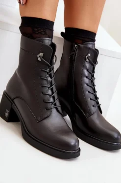 Outlet Ocieplane Botki Na Obcasie Ze Skóry Naturalnej Czarne Vinceza 66689 Damskie Botki Skórzane|Botki Na Słupku