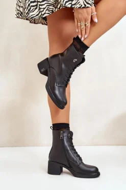 Outlet Ocieplane Botki Na Obcasie Ze Skóry Naturalnej Czarne Vinceza 66689 Damskie Botki Skórzane|Botki Na Słupku