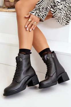 Outlet Ocieplane Botki Na Obcasie Ze Skóry Naturalnej Czarne Vinceza 66689 Damskie Botki Skórzane|Botki Na Słupku