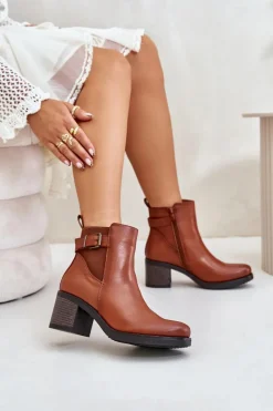 Hot Ocieplane Botki Na Obcasie Eko Skórzane Z Klamrą Camel Eriliana Damskie Botki Na Słupku|Botki Zimowe Damskie