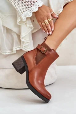 Hot Ocieplane Botki Na Obcasie Eko Skórzane Z Klamrą Camel Eriliana Damskie Botki Na Słupku|Botki Zimowe Damskie