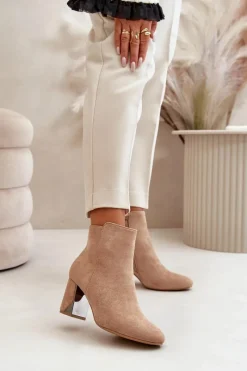 Botki Ocieplane|Brązowe I Beżowe Botki>Boto Ocieplane Botki Na Obcasie Słupku Z Lustrzanym Elementem Beżowe Silvare