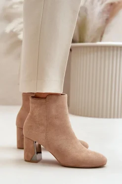 Botki Ocieplane|Brązowe I Beżowe Botki>Boto Ocieplane Botki Na Obcasie Słupku Z Lustrzanym Elementem Beżowe Silvare