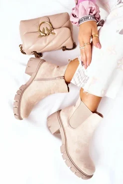 Czarne Botki|Botki Zimowe Damskie>Boto Ocieplane Botki Na Obcasie Beżowe Madge