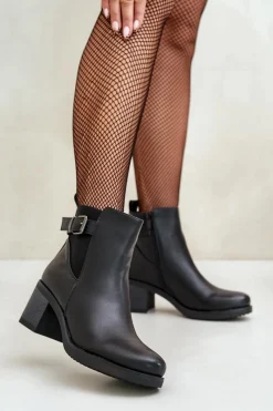 Clearance Boto Ocieplane Botki Na Obcasie Eko Skórzane Z Klamrą Czarne Eriliana