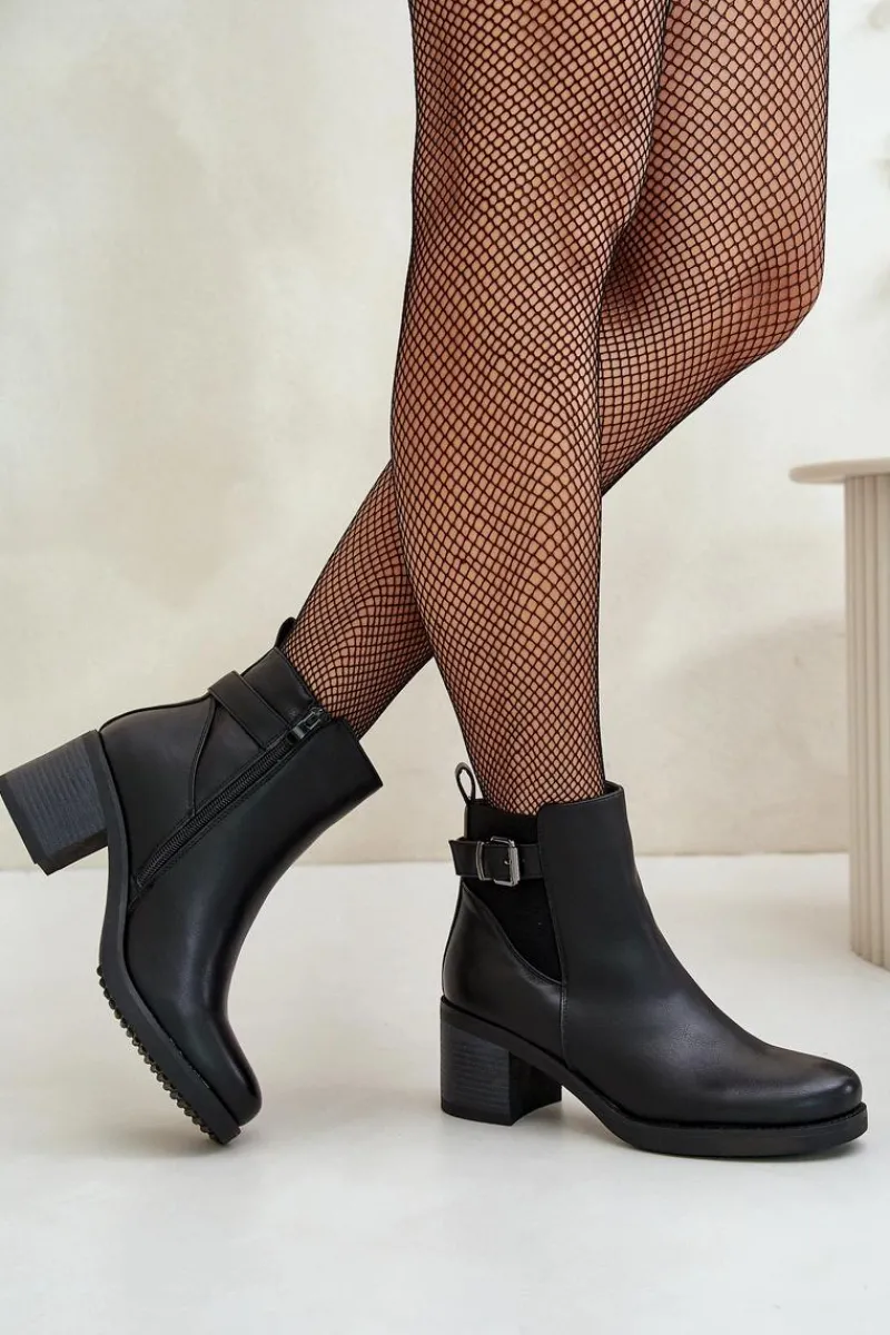 Clearance Boto Ocieplane Botki Na Obcasie Eko Skórzane Z Klamrą Czarne Eriliana