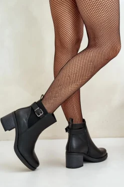 Clearance Boto Ocieplane Botki Na Obcasie Eko Skórzane Z Klamrą Czarne Eriliana