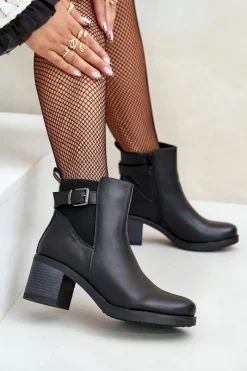Clearance Boto Ocieplane Botki Na Obcasie Eko Skórzane Z Klamrą Czarne Eriliana