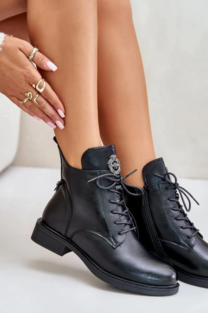 Discount Boto Ocieplane Botki Na Płaskim Obcasie Z Ozdobą Czarne Leonise Czarny