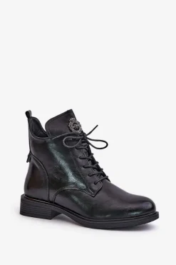 Discount Boto Ocieplane Botki Na Płaskim Obcasie Z Ozdobą Czarne Leonise Czarny