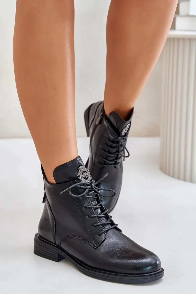 Discount Boto Ocieplane Botki Na Płaskim Obcasie Z Ozdobą Czarne Leonise Czarny