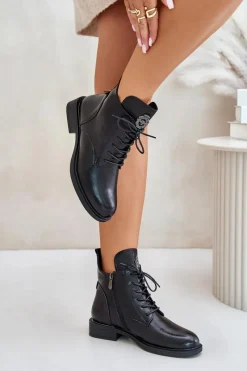 Discount Boto Ocieplane Botki Na Płaskim Obcasie Z Ozdobą Czarne Leonise Czarny