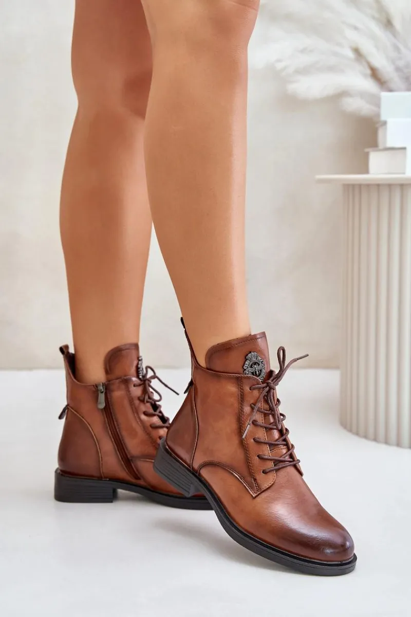 Boto Ocieplane Botki Na Płaskim Obcasie Z Ozdobą Camel Leonise