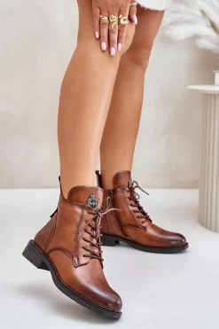 Boto Ocieplane Botki Na Płaskim Obcasie Z Ozdobą Camel Leonise