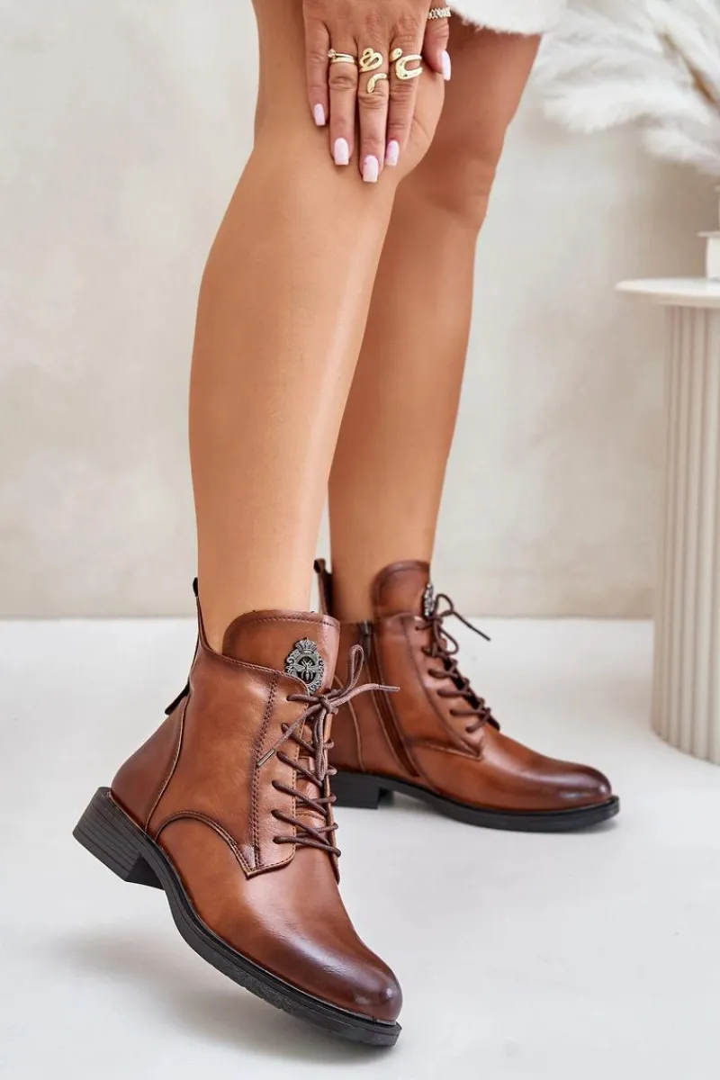 Boto Ocieplane Botki Na Płaskim Obcasie Z Ozdobą Camel Leonise