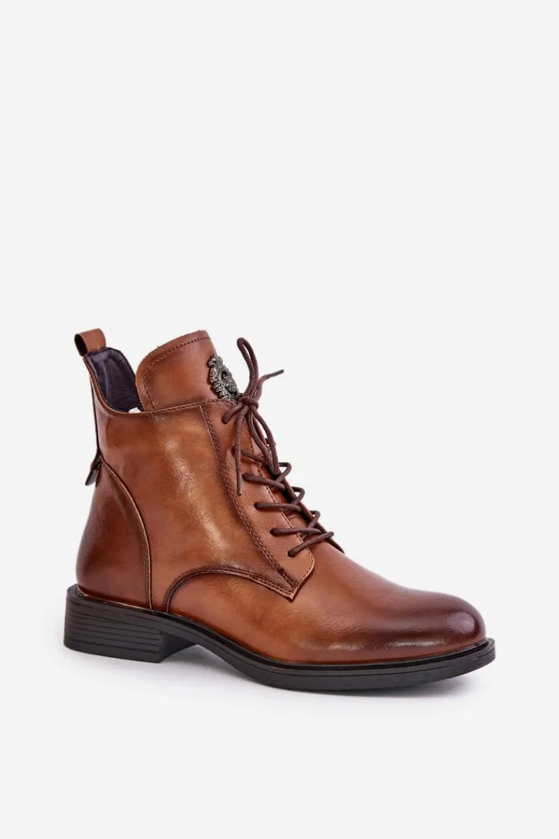 Boto Ocieplane Botki Na Płaskim Obcasie Z Ozdobą Camel Leonise