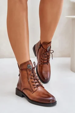 Boto Ocieplane Botki Na Płaskim Obcasie Z Ozdobą Camel Leonise