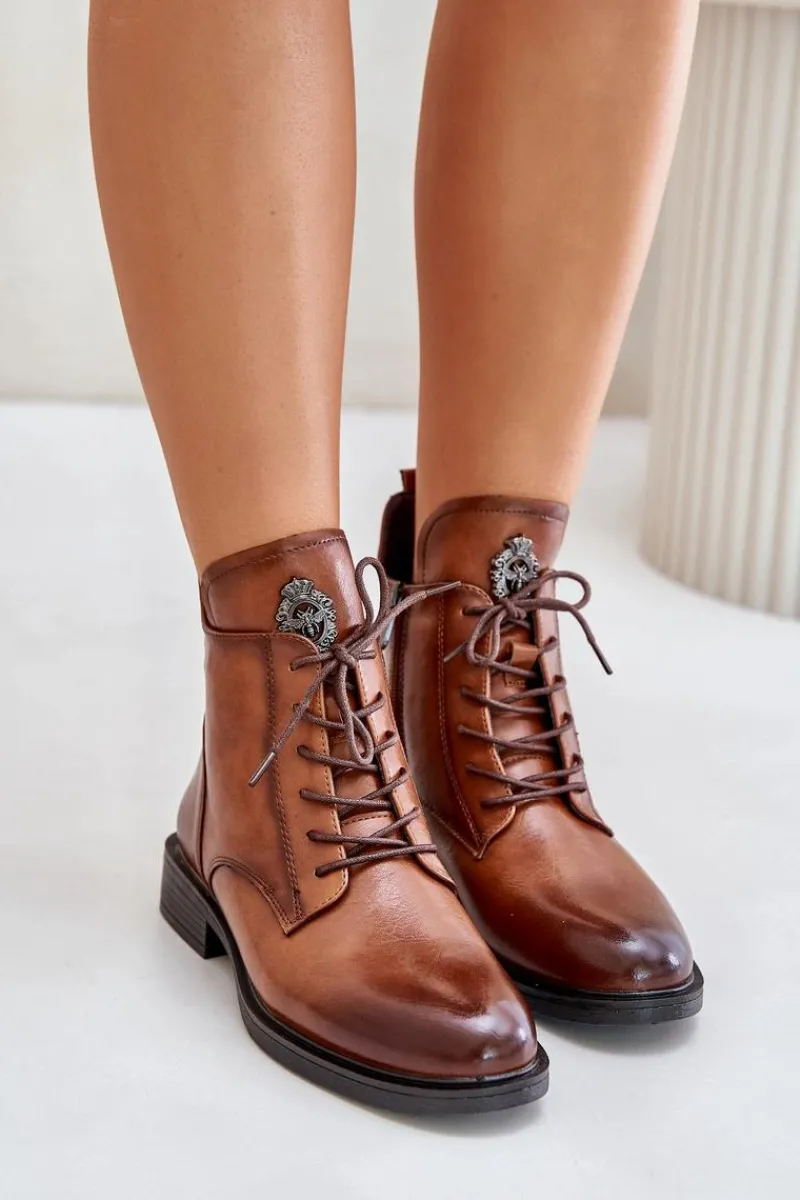 Boto Ocieplane Botki Na Płaskim Obcasie Z Ozdobą Camel Leonise