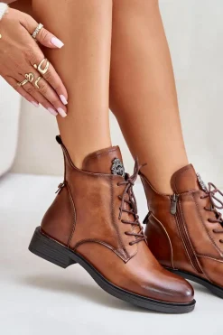 Boto Ocieplane Botki Na Płaskim Obcasie Z Ozdobą Camel Leonise