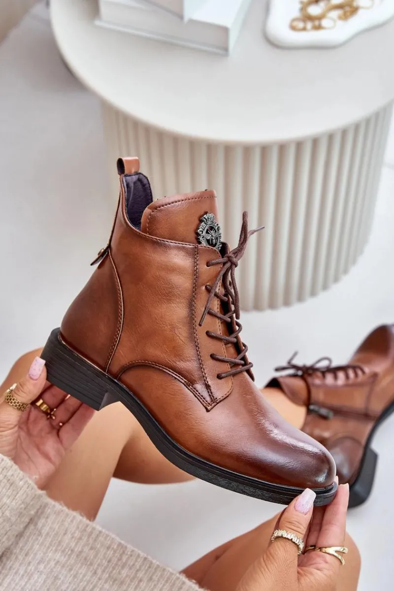 Boto Ocieplane Botki Na Płaskim Obcasie Z Ozdobą Camel Leonise