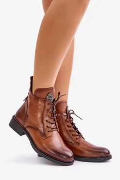 Boto Ocieplane Botki Na Płaskim Obcasie Z Ozdobą Camel Leonise