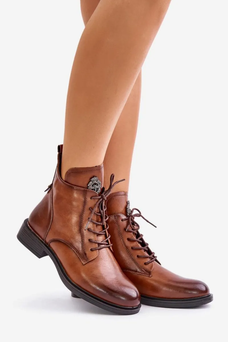 Boto Ocieplane Botki Na Płaskim Obcasie Z Ozdobą Camel Leonise