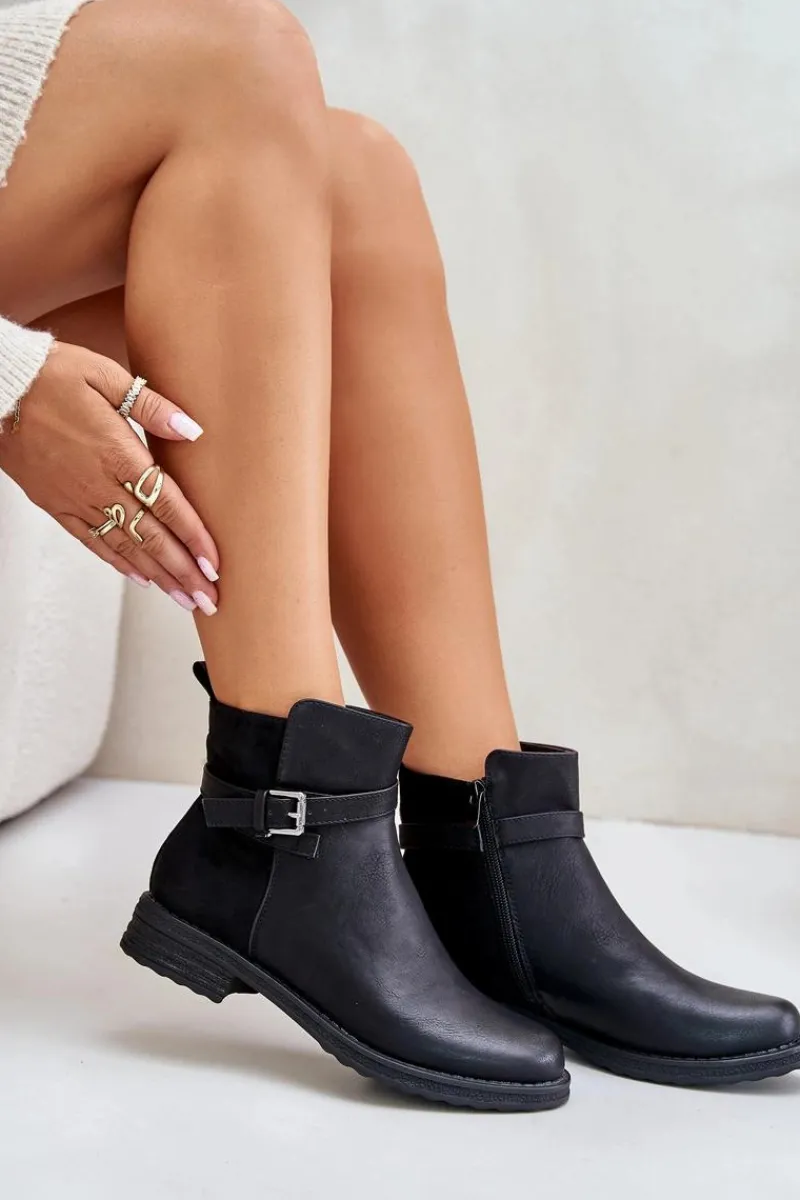 Botki Ocieplane|Czarne Botki>Evento Ocieplane Botki Na Płaskim Obcasie Z Paskiem Czarne Sabamessa