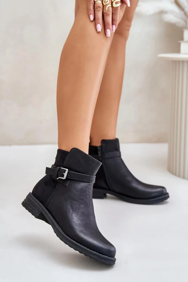 Botki Ocieplane|Czarne Botki>Evento Ocieplane Botki Na Płaskim Obcasie Z Paskiem Czarne Sabamessa