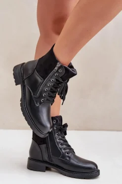 Ocieplane Botki Na Płaskim Obcasie Eko Skórzane Czarne Naoise Damskie Botki Ocieplane|Botki Sznurowane