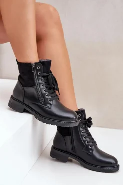 Ocieplane Botki Na Płaskim Obcasie Eko Skórzane Czarne Naoise Damskie Botki Ocieplane|Botki Sznurowane