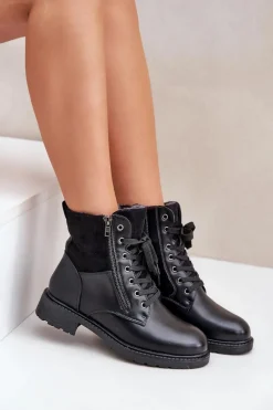 Ocieplane Botki Na Płaskim Obcasie Eko Skórzane Czarne Naoise Damskie Botki Ocieplane|Botki Sznurowane