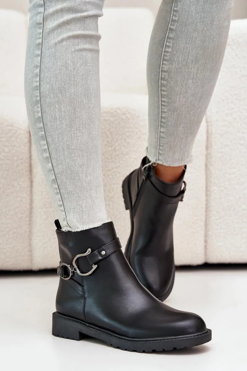 Boto Ocieplane Botki Na Płaskim Obcasie Z Ozdobnym Paskiem Czarne Calzina