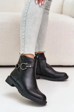 Boto Ocieplane Botki Na Płaskim Obcasie Z Ozdobnym Paskiem Czarne Calzina