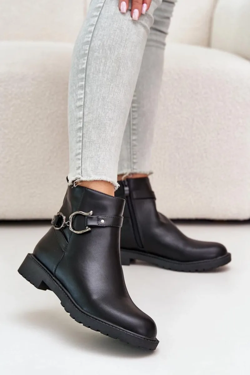 Boto Ocieplane Botki Na Płaskim Obcasie Z Ozdobnym Paskiem Czarne Calzina