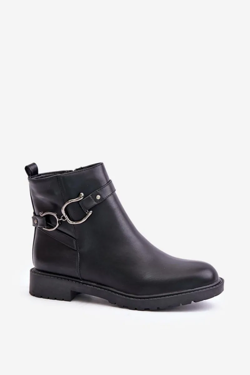 Boto Ocieplane Botki Na Płaskim Obcasie Z Ozdobnym Paskiem Czarne Calzina