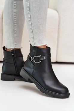 Boto Ocieplane Botki Na Płaskim Obcasie Z Ozdobnym Paskiem Czarne Calzina