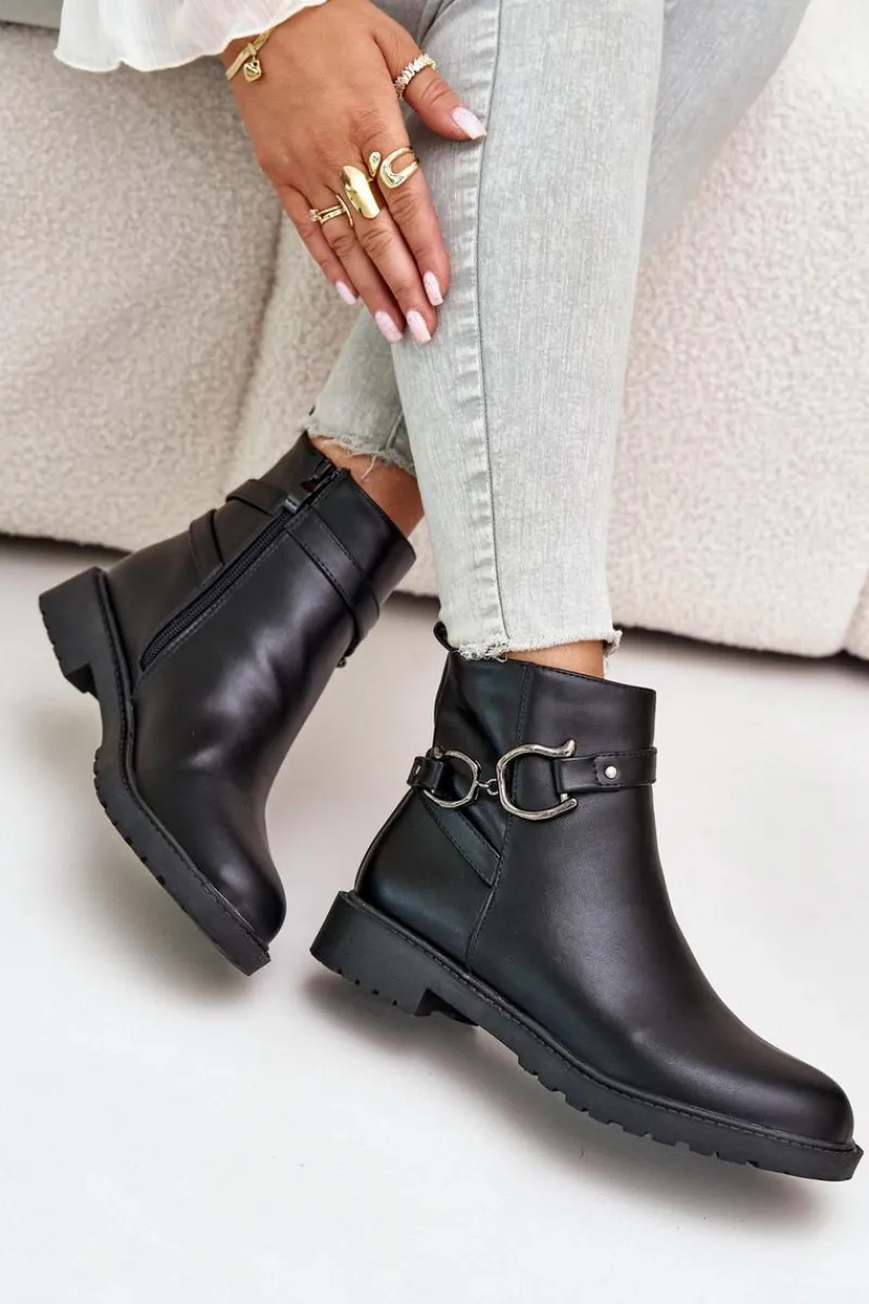 Boto Ocieplane Botki Na Płaskim Obcasie Z Ozdobnym Paskiem Czarne Calzina