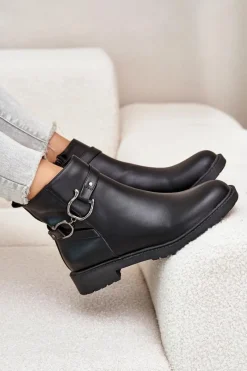 Boto Ocieplane Botki Na Płaskim Obcasie Z Ozdobnym Paskiem Czarne Calzina